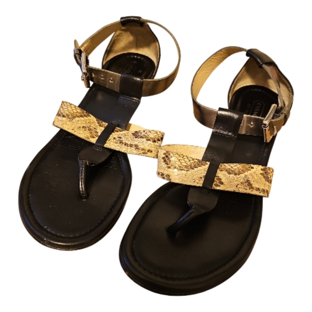 Coach Black Leather Ankle Strap Heeled Thong Sandals Snake Print Women's 7.5 B